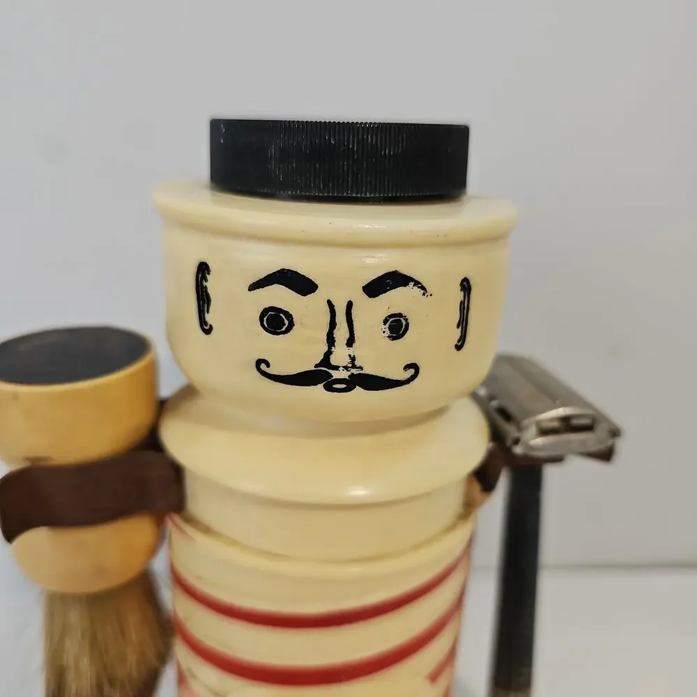 Vintage 1950s Dandy Dan MCM Shaving Caddy Barber Pole Razor Shaving Brush